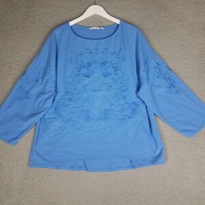 Soft Surroundings Blouse Women's 1X Blue Embroidered Floral Boho Beach Casual